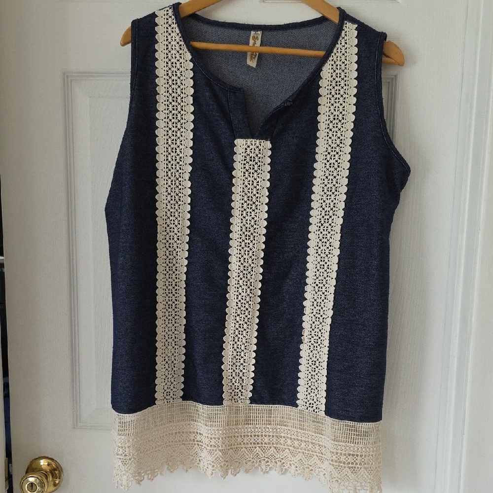 Shoreline Midnight Blue and Ivory Lace Tank Top